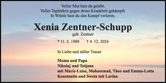 Traueranzeige von Xenia Zentner-Schupp von Kieler Nachrichten