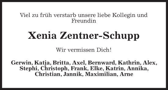 Traueranzeige von Xenia Zentner-Schupp von Kieler Nachrichten