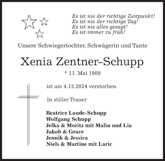 Traueranzeige von Xenia Zentner-Schupp von Kieler Nachrichten