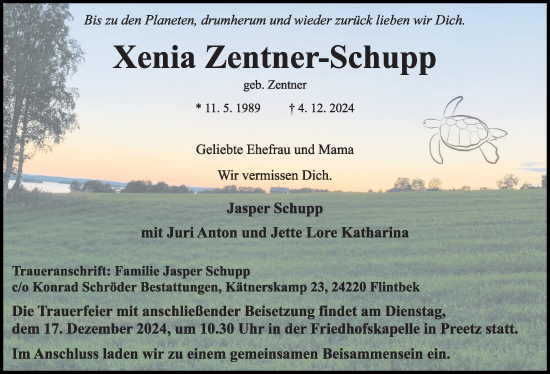 Traueranzeige von Xenia Zentner-Schupp von Kieler Nachrichten