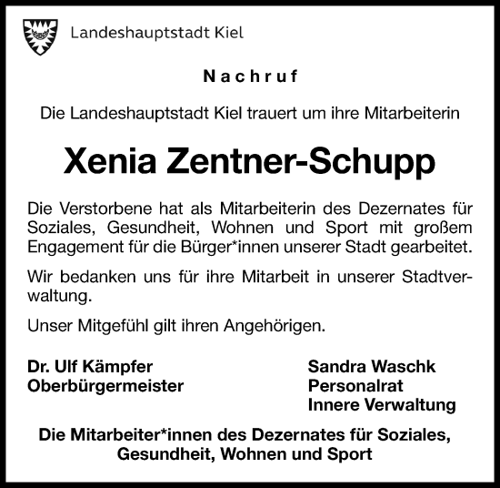 Traueranzeige von Xenia Zentner-Schupp von Kieler Nachrichten