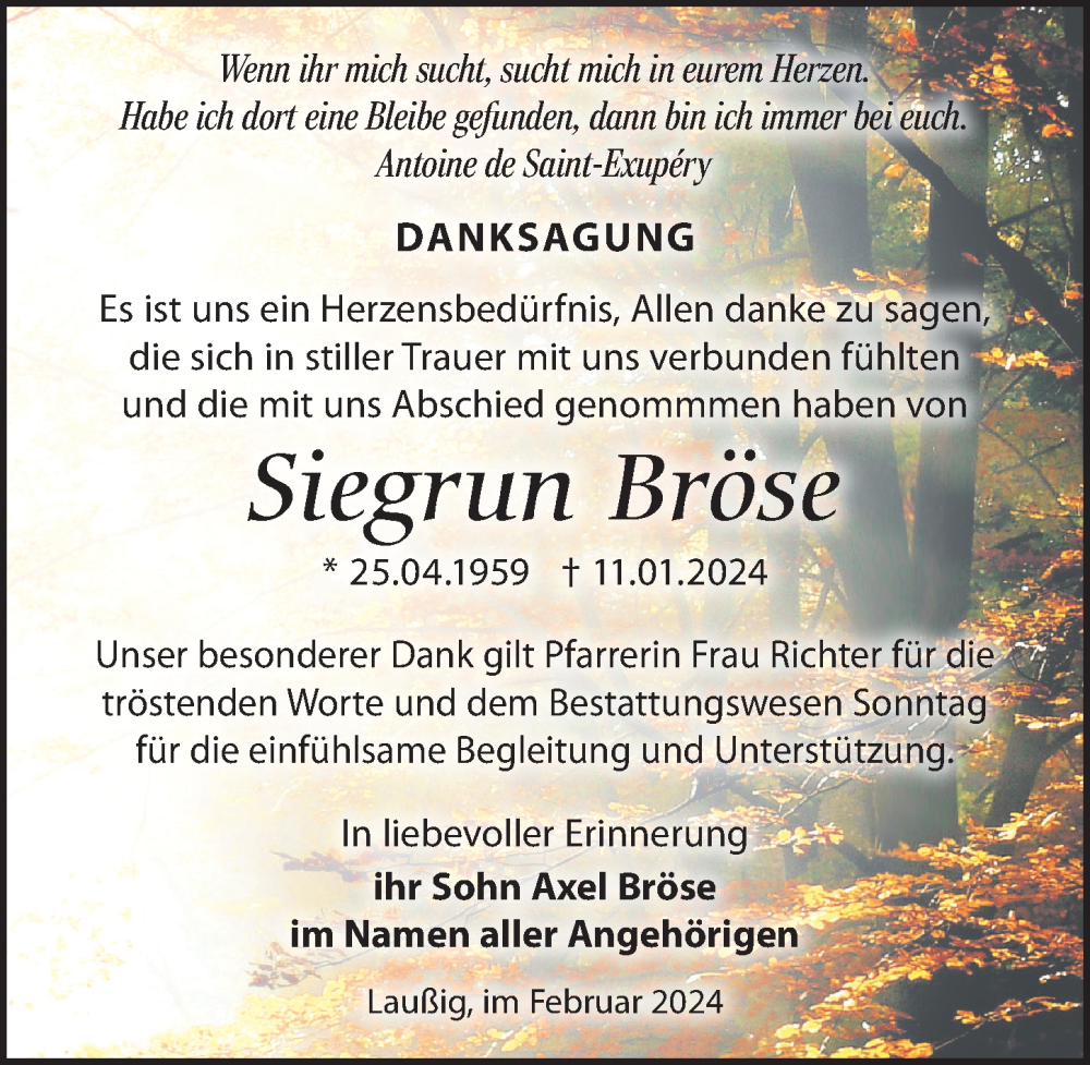  Traueranzeige für Siegrun Bröse vom 24.02.2024 aus Leipziger Volkszeitung