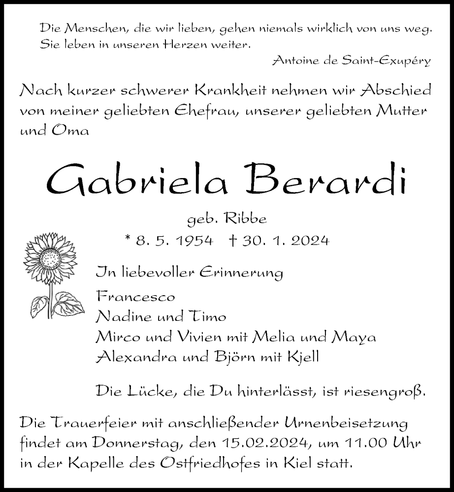  Traueranzeige für Gabriela Berardi  vom 10.02.2024 aus Kieler Nachrichten