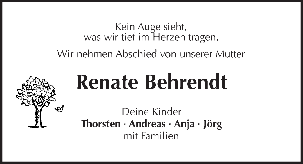  Traueranzeige für Renate Behrendt vom 13.01.2024 aus KIELER NACHRICHTEN