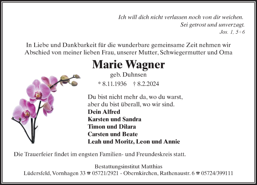  Traueranzeige für Marie Wagner vom 10.02.2024 aus Schaumburger Nachrichten