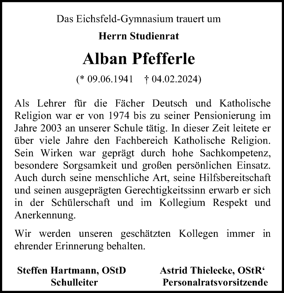  Traueranzeige für Alban Pfefferle vom 10.02.2024 aus Eichsfelder Tageblatt