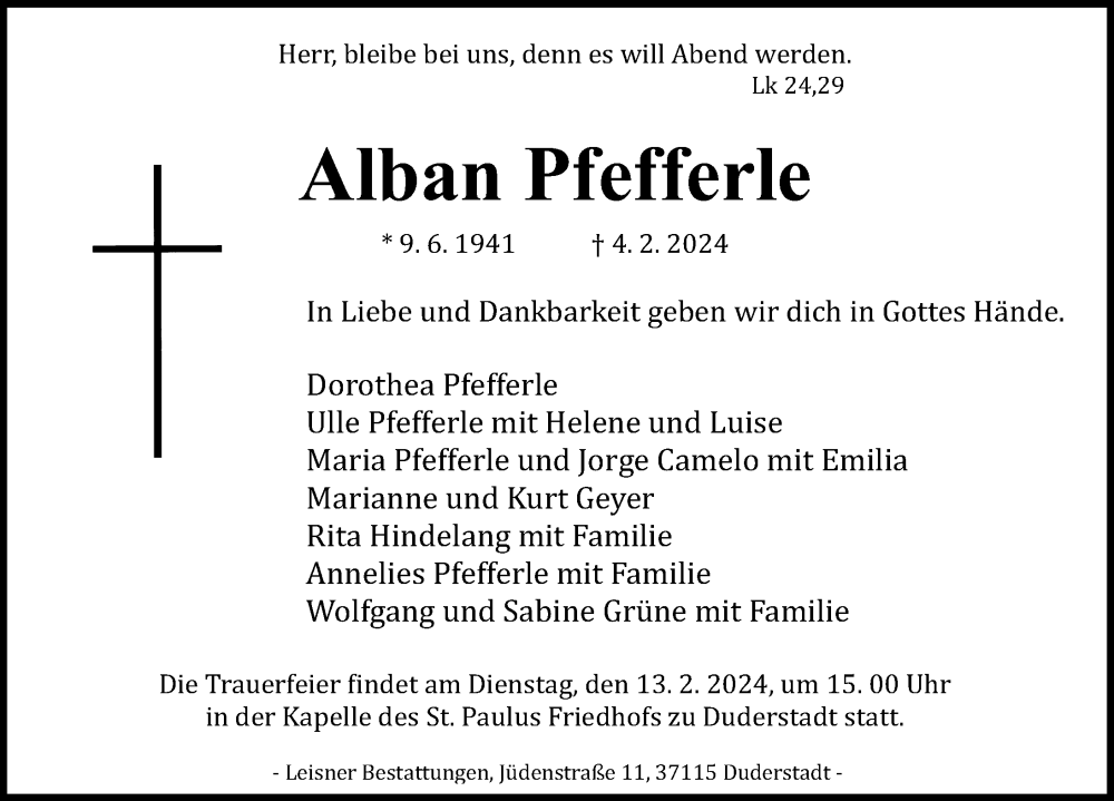  Traueranzeige für Alban Pfefferle vom 10.02.2024 aus Göttinger Tageblatt
