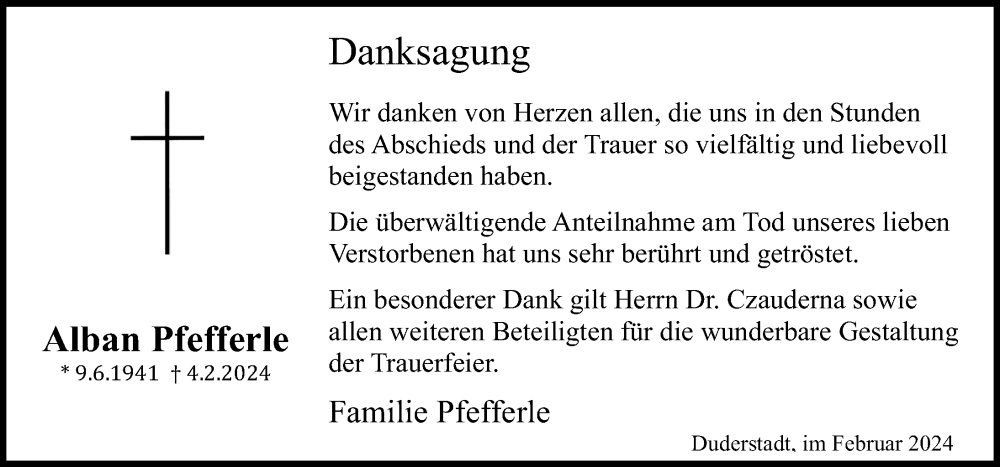  Traueranzeige für Alban Pfefferle vom 24.02.2024 aus Eichsfelder Tageblatt