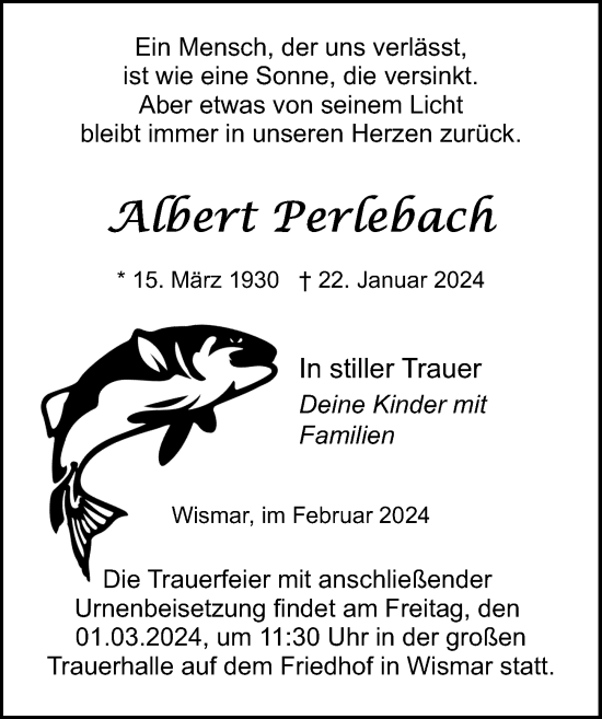 Traueranzeige von Albert Perlebach von Ostsee-Zeitung GmbH