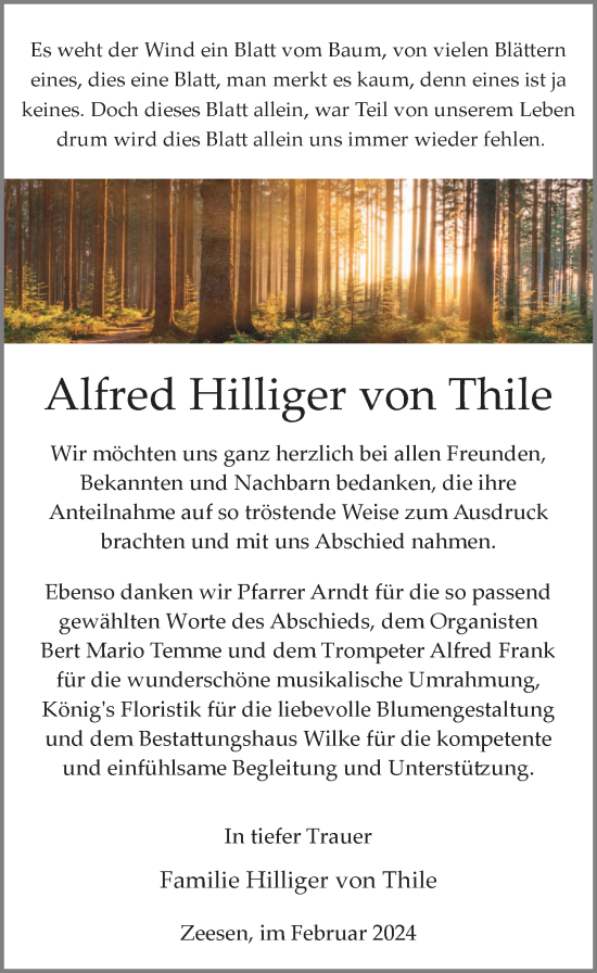 Traueranzeige von Alfred Hilliger von Thile von Märkischen Allgemeine Zeitung