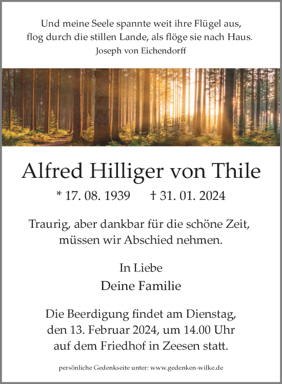 Traueranzeige von Alfred Hilliger von Thile von Märkischen Allgemeine Zeitung