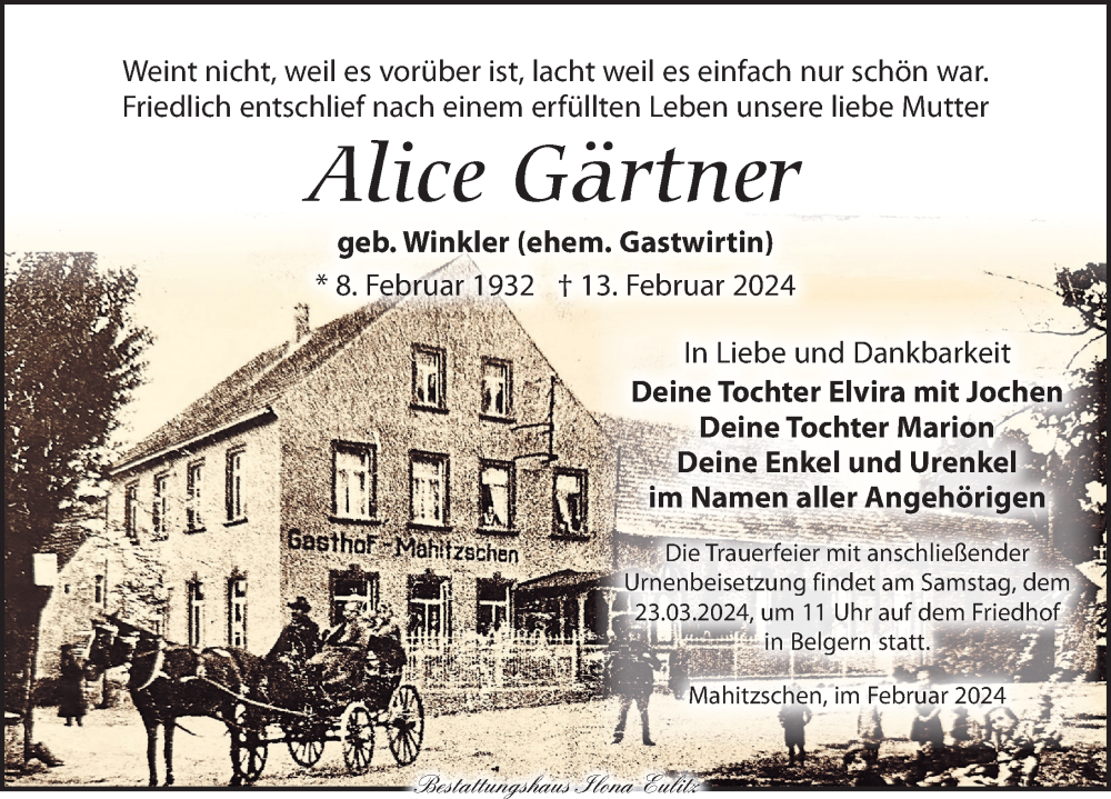  Traueranzeige für Alice Gärtner vom 24.02.2024 aus Torgauer Zeitung