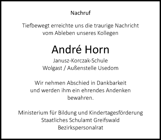 Traueranzeige von Andre Horn von Ostsee-Zeitung GmbH