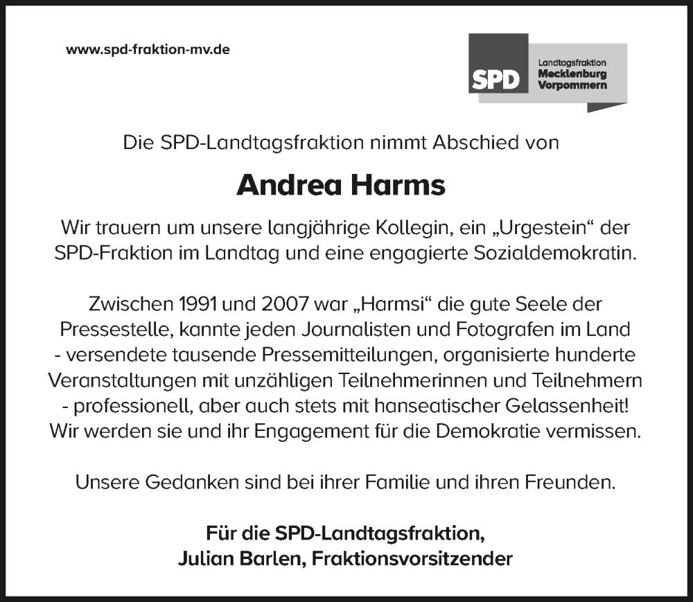  Traueranzeige für Andrea Harms vom 10.02.2024 aus Ostsee-Zeitung GmbH