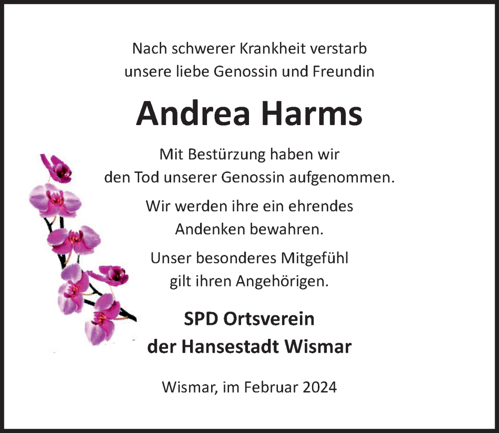  Traueranzeige für Andrea Harms vom 10.02.2024 aus Ostsee-Zeitung GmbH