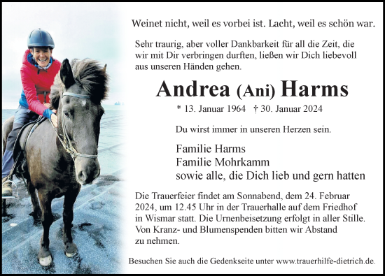 Traueranzeige von Andrea Harms von Ostsee-Zeitung GmbH