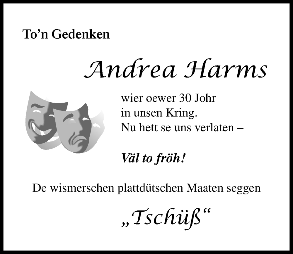  Traueranzeige für Andrea Harms vom 17.02.2024 aus Ostsee-Zeitung GmbH