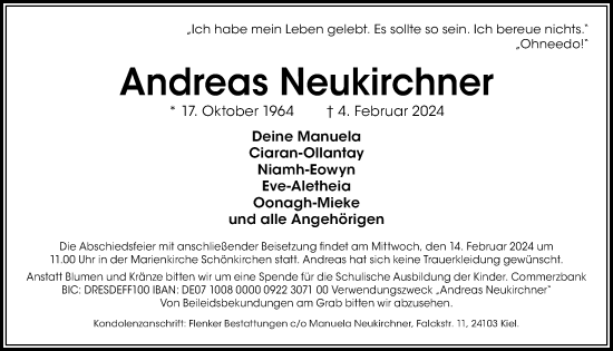 Traueranzeige von Andreas Neukirchner von Kieler Nachrichten