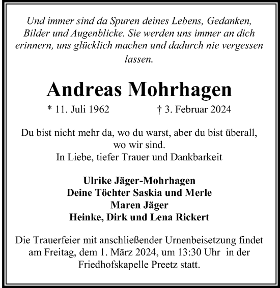 Traueranzeige von Andreas Mohrhagen Mohrhagen von Kieler Nachrichten