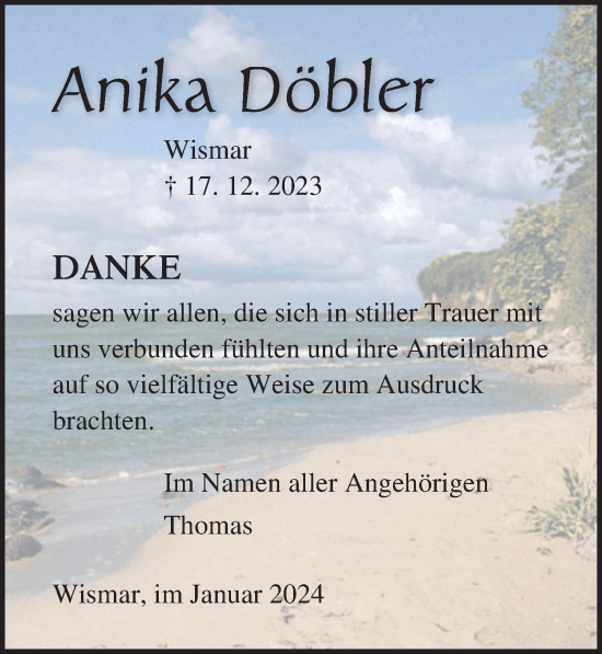 Traueranzeige von Anika Döbler von Ostsee-Zeitung GmbH