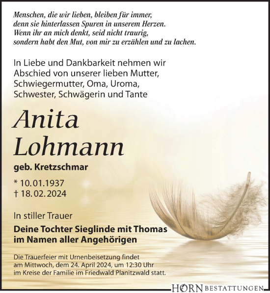 Traueranzeige von Anita Lohmann von Leipziger Volkszeitung