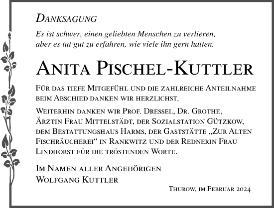 Traueranzeige von Anita Pischel-Kuttler von Ostsee-Zeitung GmbH