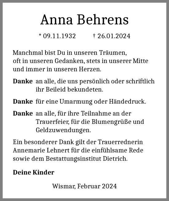 Traueranzeige von Anna Behrens von Ostsee-Zeitung GmbH