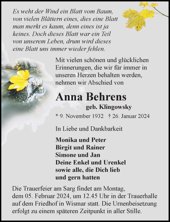 Traueranzeige von Anna Behrens von Ostsee-Zeitung GmbH