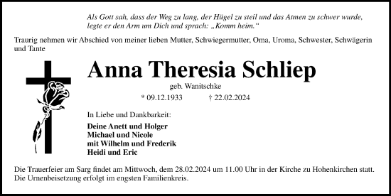 Traueranzeige von Anna Theresia Schliep von Ostsee-Zeitung GmbH