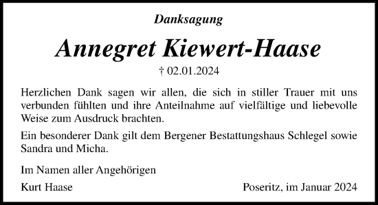 Traueranzeige von Annegret Kiewert-Haase von Ostsee-Zeitung GmbH