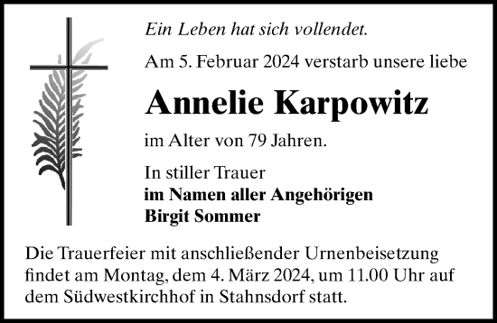 Traueranzeige von Annelie Karpowitz von Märkischen Allgemeine Zeitung