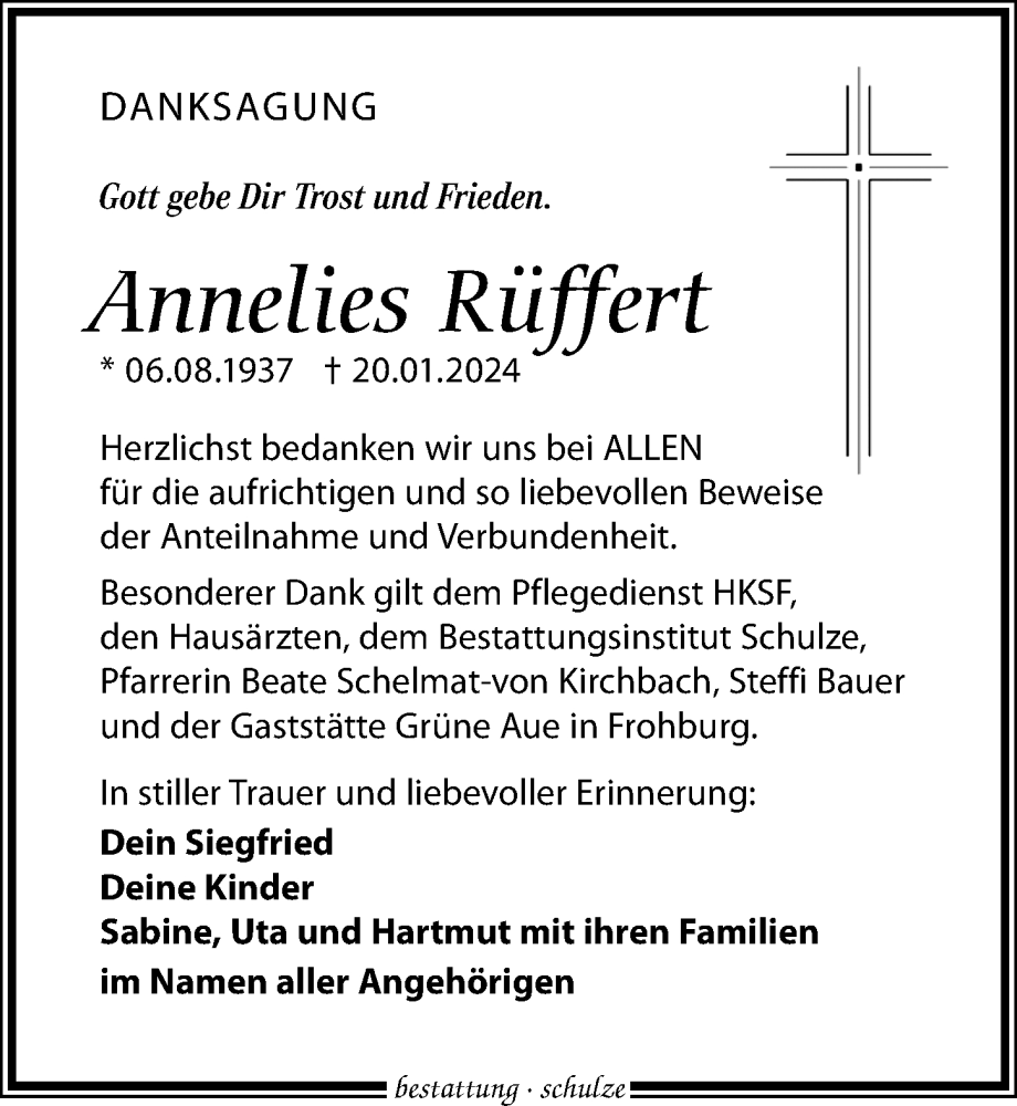  Traueranzeige für Annelies Rüffert vom 03.02.2024 aus Leipziger Volkszeitung