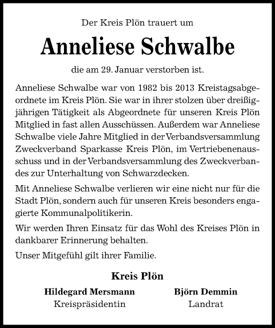 Traueranzeige von Anneliese Schwalbe von Kieler Nachrichten