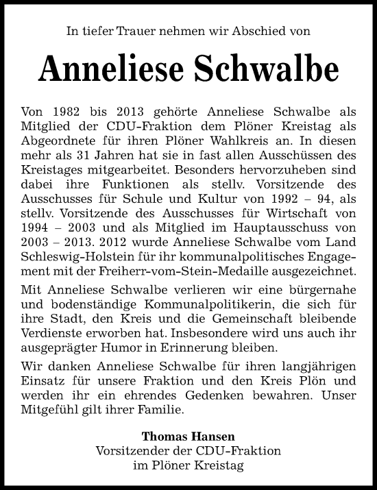 Traueranzeige von Anneliese Schwalbe von Kieler Nachrichten