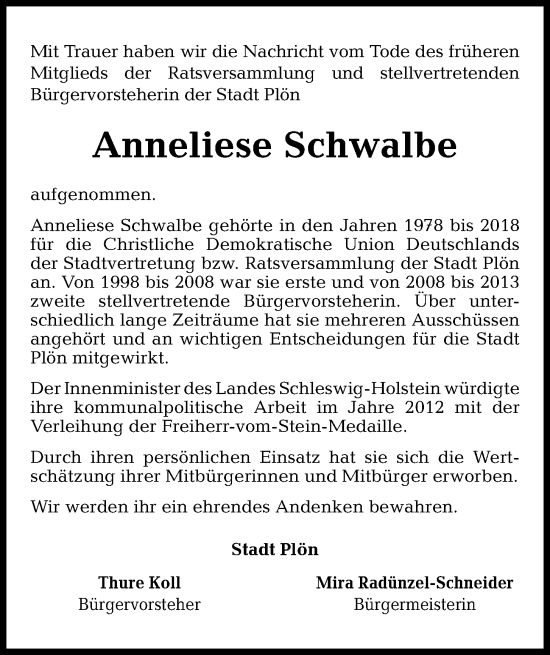 Traueranzeige von Anneliese Schwalbe von Kieler Nachrichten