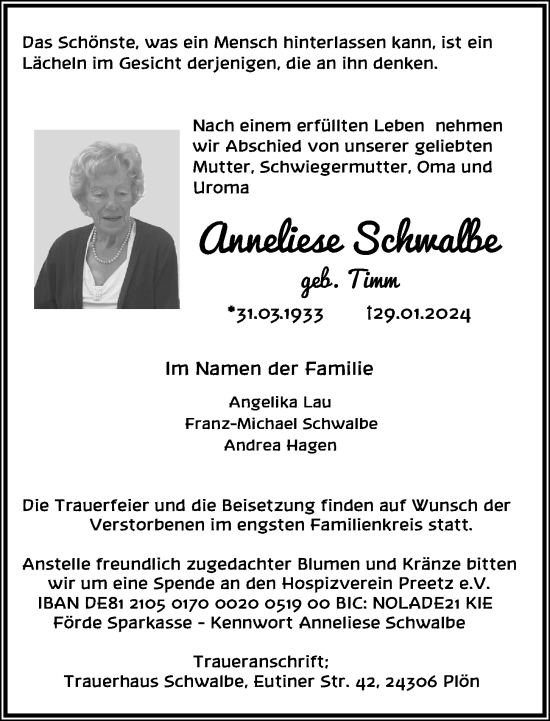 Traueranzeige von Anneliese Schwalbe von Kieler Nachrichten