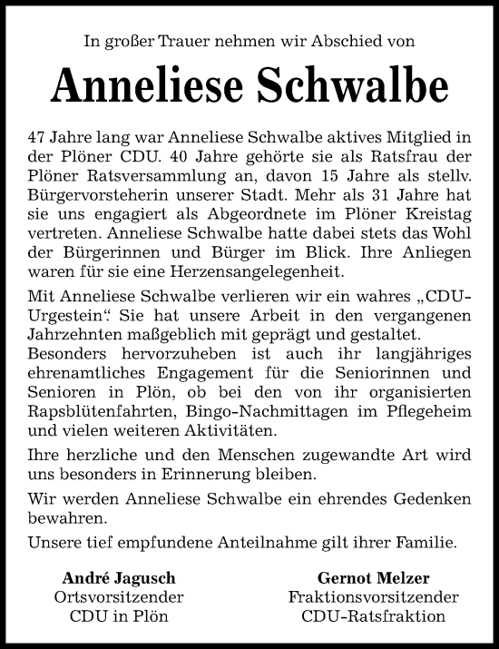 Traueranzeige von Anneliese Schwalbe von Kieler Nachrichten