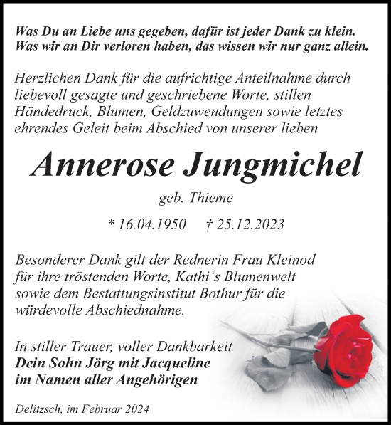 Traueranzeige von Annerose Jungmichel von Leipziger Volkszeitung