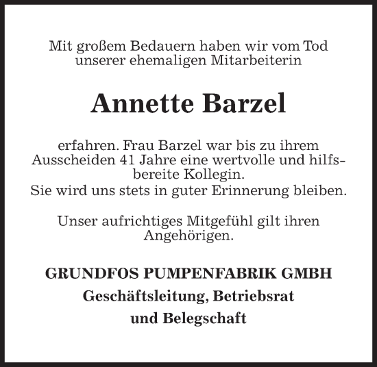 Traueranzeige von Annette Barzel von Kieler Nachrichten