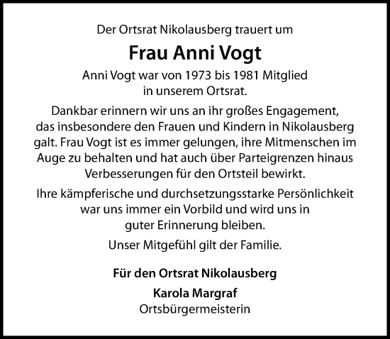 Traueranzeige von Anni Vogt von Göttinger Tageblatt