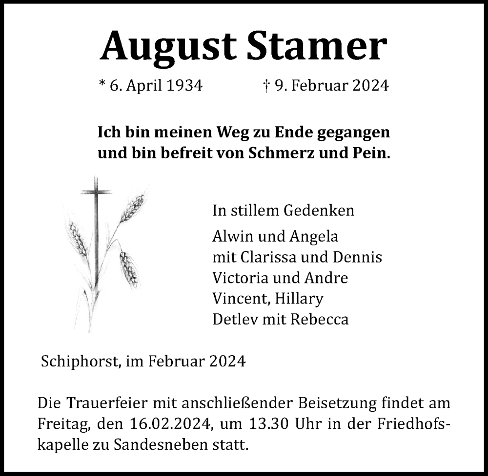  Traueranzeige für August Stamer vom 13.02.2024 aus Lübecker Nachrichten