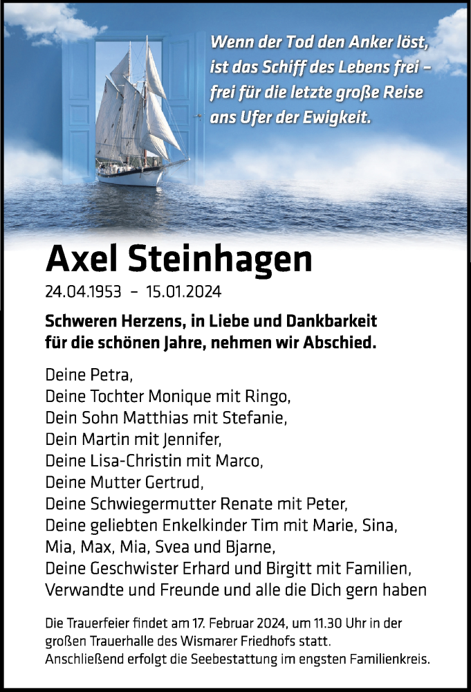  Traueranzeige für Axel Steinhagen vom 10.02.2024 aus Ostsee-Zeitung GmbH
