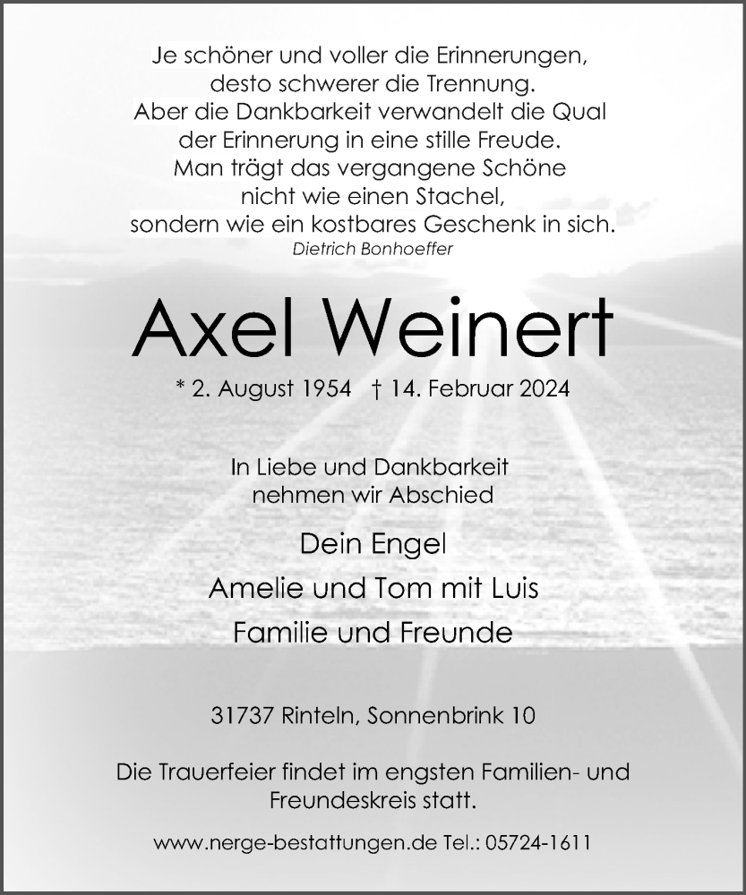  Traueranzeige für Axel Weinert vom 17.02.2024 aus Schaumburger Nachrichten