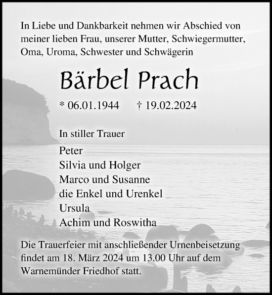 Traueranzeige von Bärbel Prach von Ostsee-Zeitung GmbH