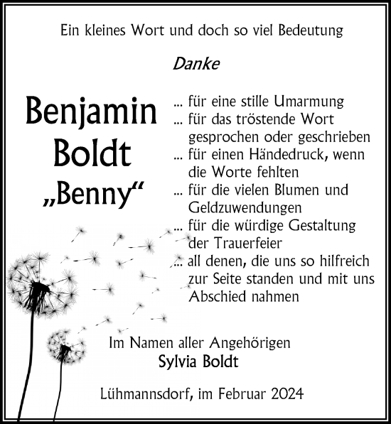 Traueranzeige von Benjamin Boldt von Ostsee-Zeitung GmbH