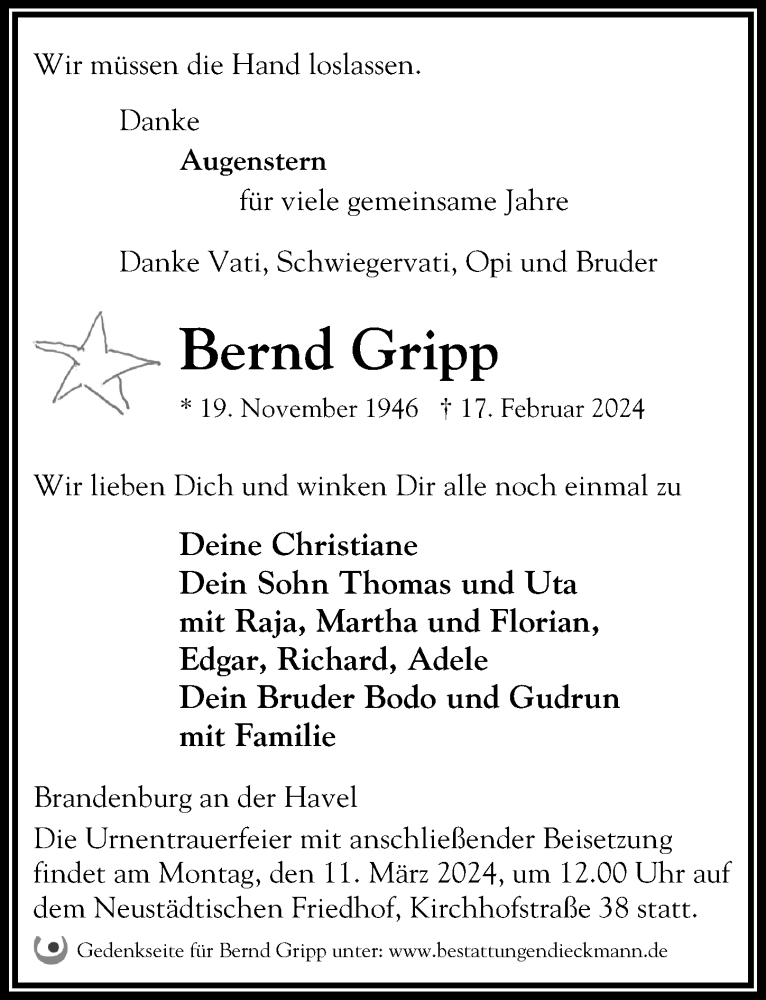  Traueranzeige für Bernd Gripp vom 24.02.2024 aus Märkischen Allgemeine Zeitung