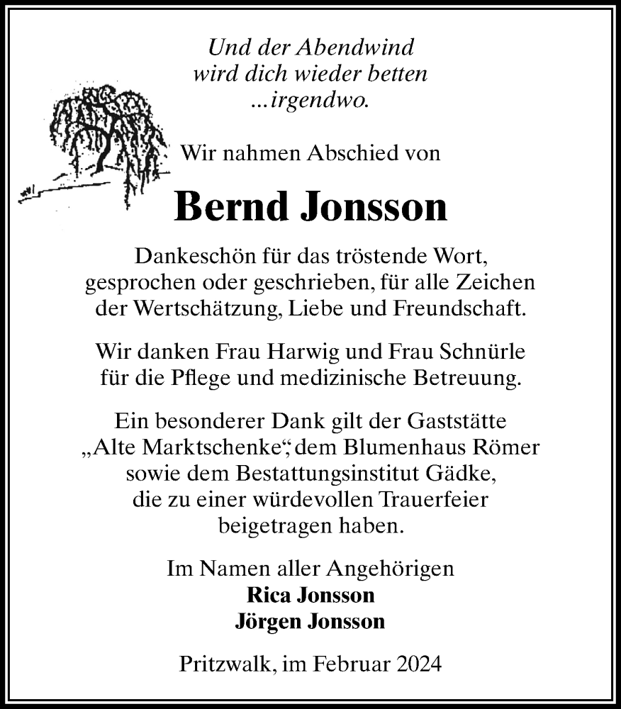  Traueranzeige für Bernd Jonsson vom 24.02.2024 aus Wochenspiegel