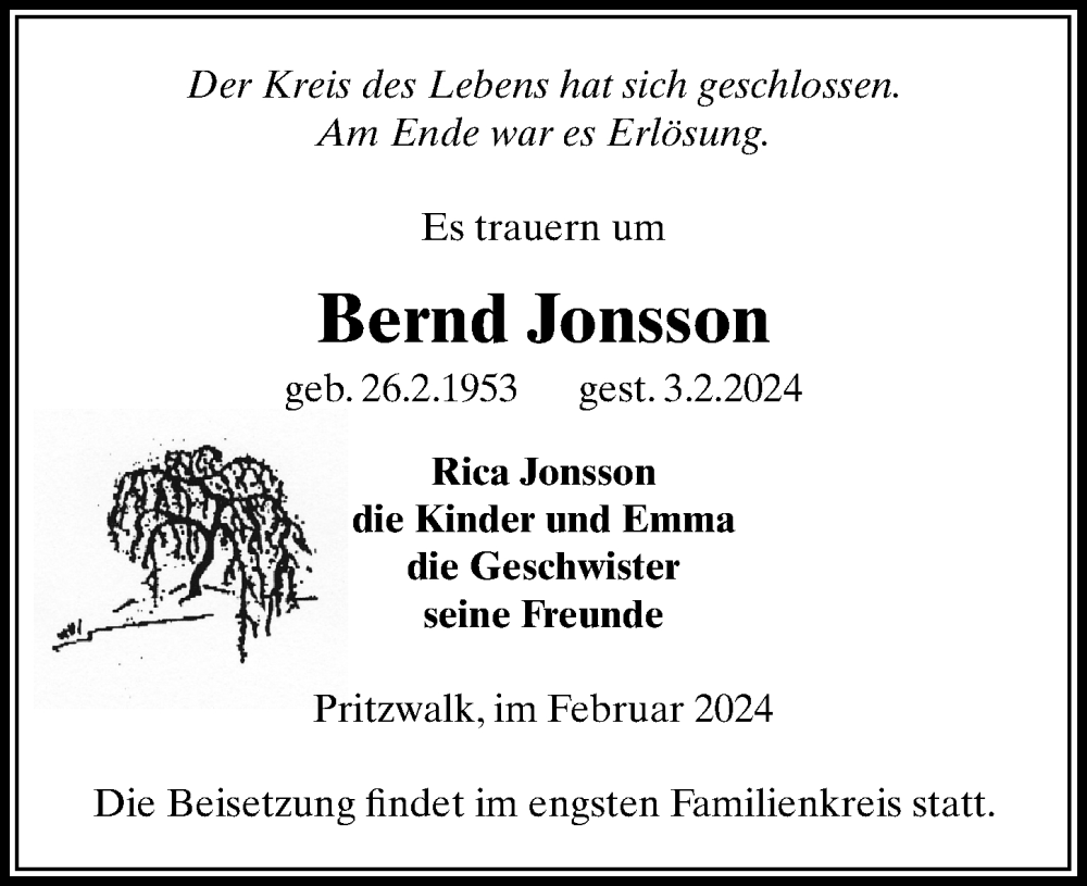  Traueranzeige für Bernd Jonsson vom 10.02.2024 aus Wochenspiegel
