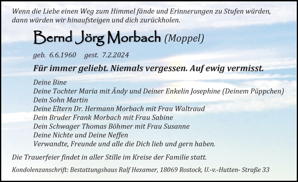  Traueranzeige für Bernd Jörg Morbach vom 17.02.2024 aus Ostsee-Zeitung GmbH