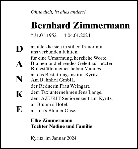Traueranzeige von Bernhard Zimmermann von Wochenspiegel